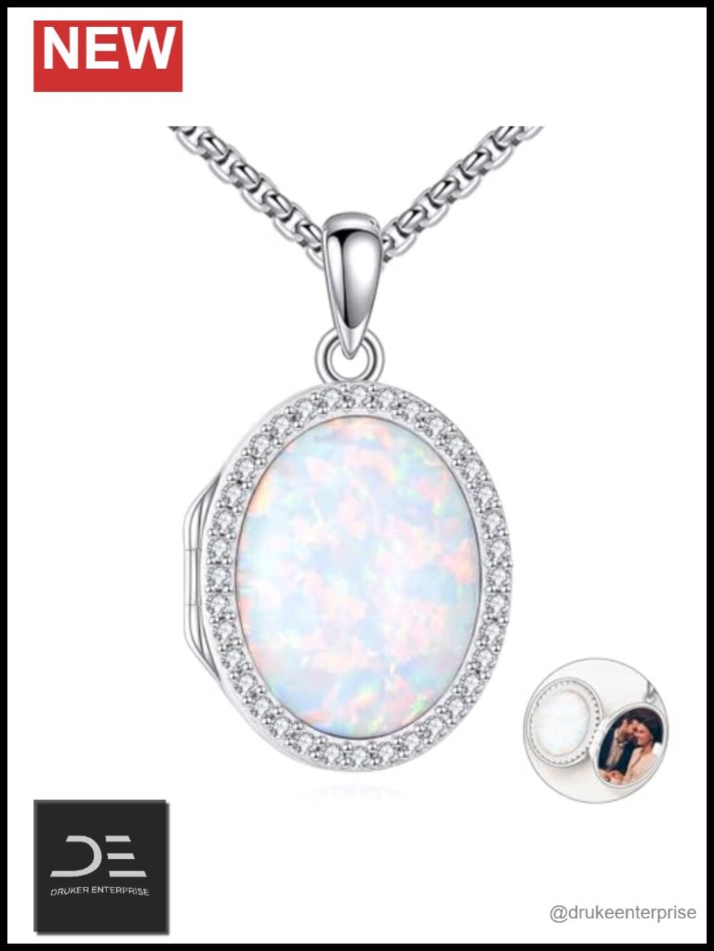 Sterling Silver Opal Locket Necklace Photo Memorial Jewelry Gift for Women